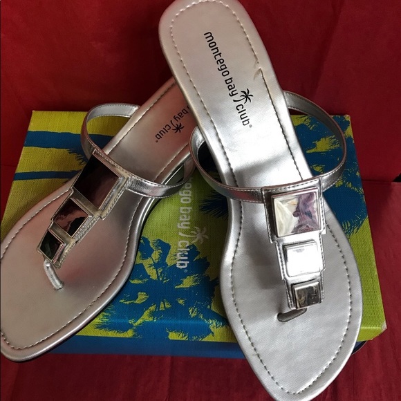 Montego Bay Club Shoes - Silver Mirrored Fancy Flip Flop Wedges Size 12